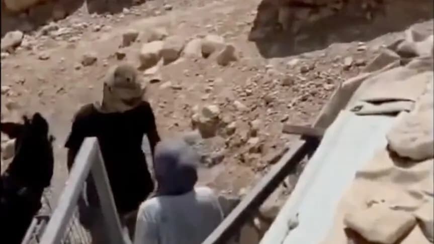 Batı Şeria'da Filistin topraklarını gasbeden maskeli İsrailli, Filistinli bir kadını sopayla darbetti